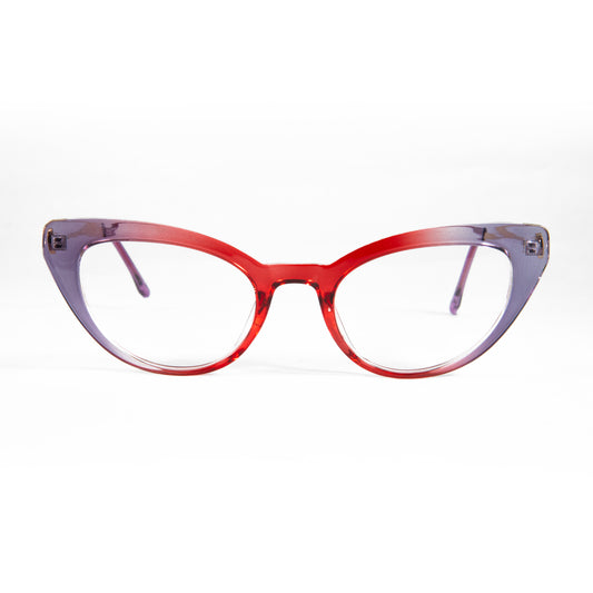 Cat-eye glasses with a red and purple gradient frame on a white background