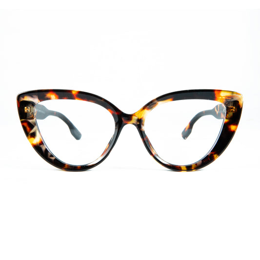 Beige eyeglasses with black and yellow striped temple tips on a white background