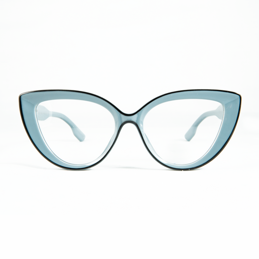 Cat-eye glasses with a light blue frame on a white background