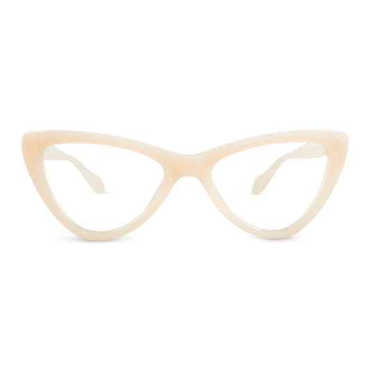 Cat-eye glasses with a beige frame on a white background